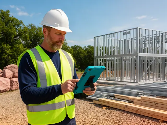 Builder in a white hard hat and hi-vis vest checking a tablet on a construction site