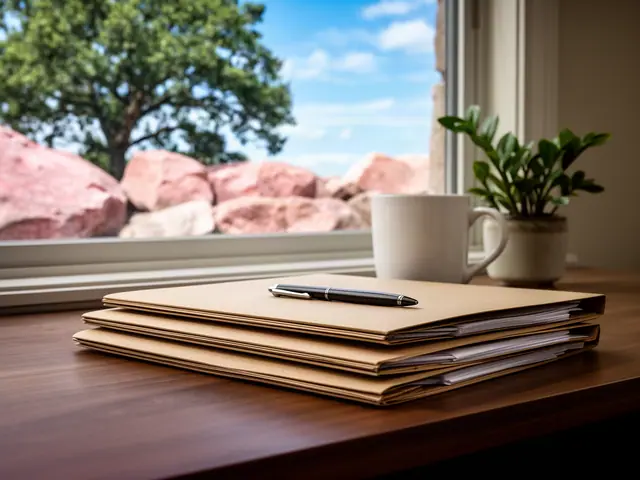 Stack of closed manila folders with a pen on a desk by a sunny window