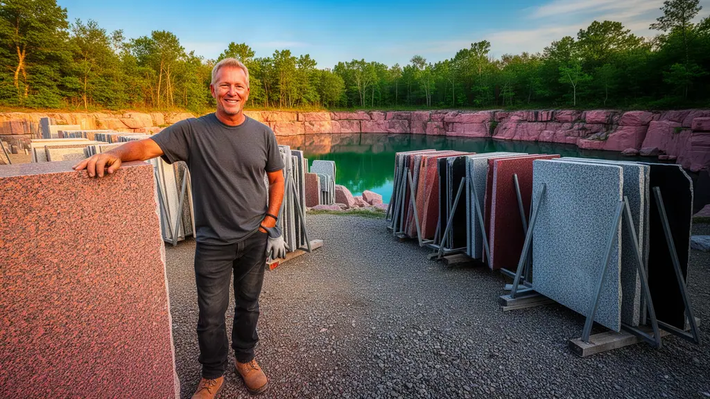 Stone yard owner leaning on a polished pink granite slab beside a quarry pool
