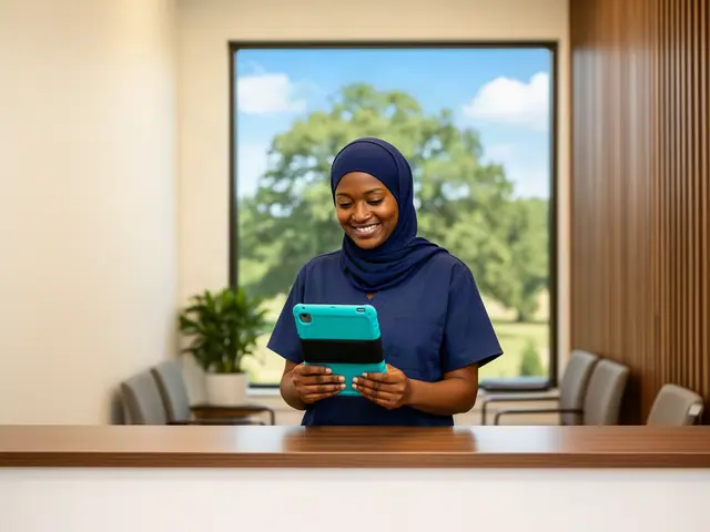 Office manager of a family medical clinic holding a teal tablet at the front desk