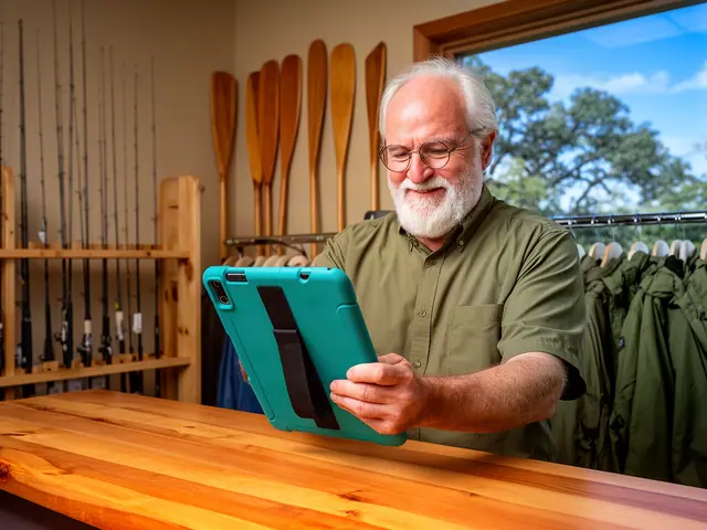 Owner of a fishing and outdoors shop checking inventory on a tablet behind the counter