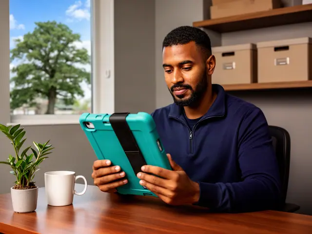 Owner of a trucking and freight dispatch company reviewing finances on a tablet at a desk by a window
