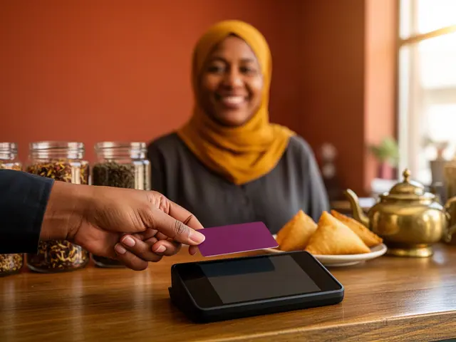 Customer tapping a card on a countertop terminal at a East African cafe