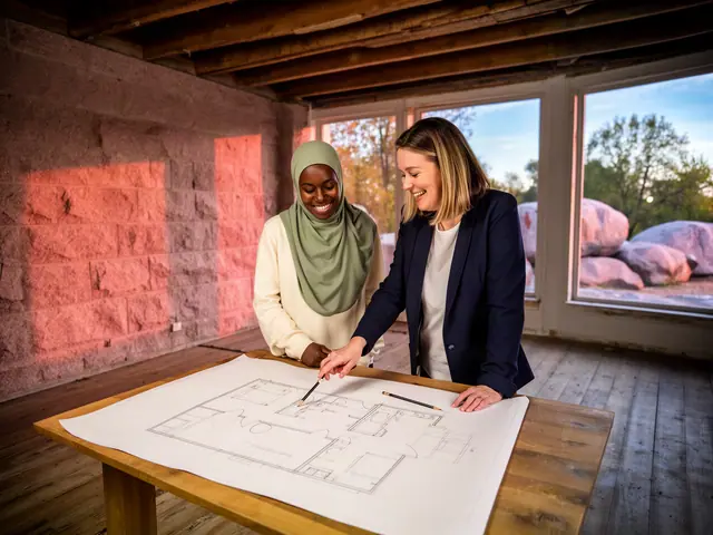 Two business partners planning a renovation over a hand-drawn floor sketch in an empty storefront